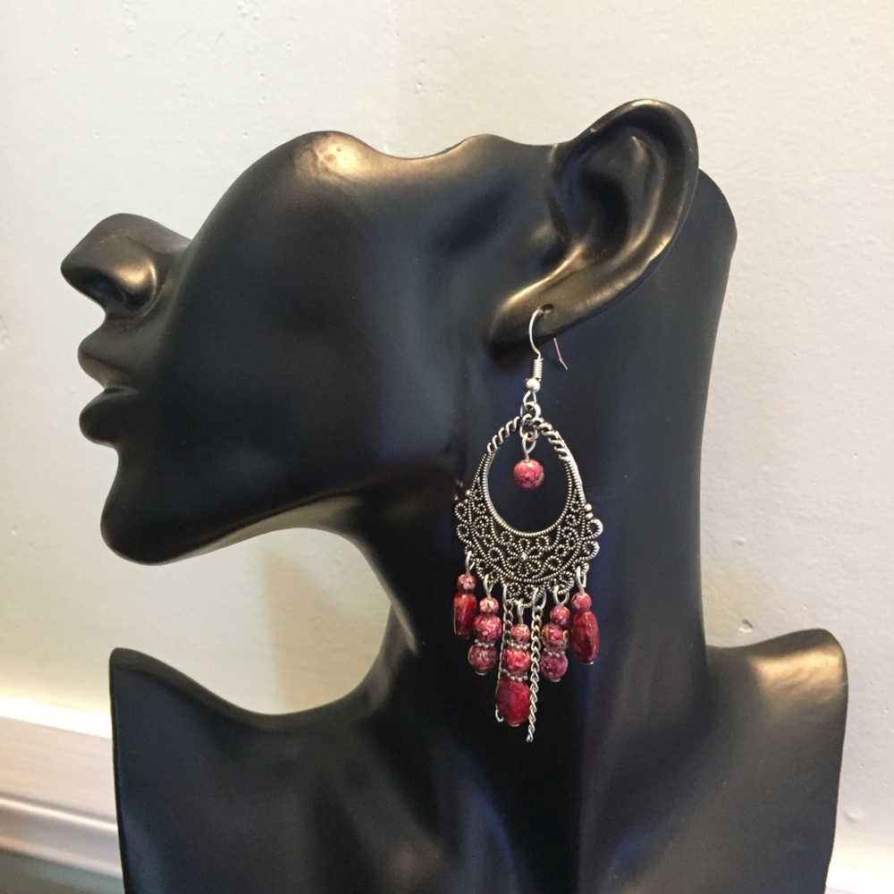 New Silver Maroon Beaded Fishhook Earrings - Picture 4 of 4